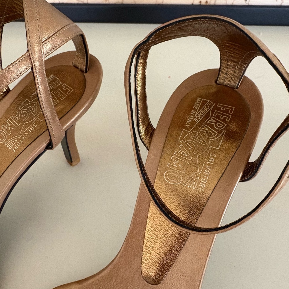 Salvatore Ferragamo Metallic Tan Strappy Ankle‑Strap Heels - Picture 2 of 8